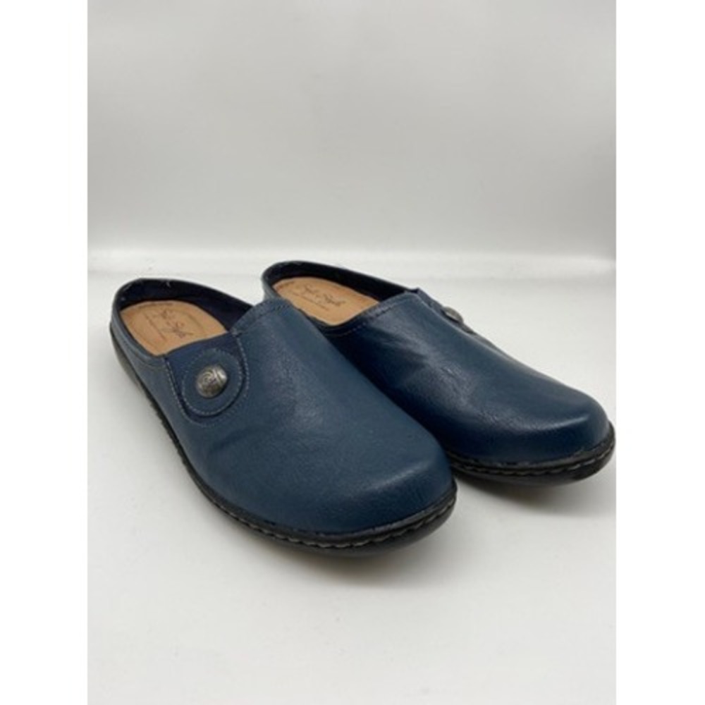 Soft Style Hush Puppies Mules Womens 9 Wide Blue Leather Button Slip On Clogs‎